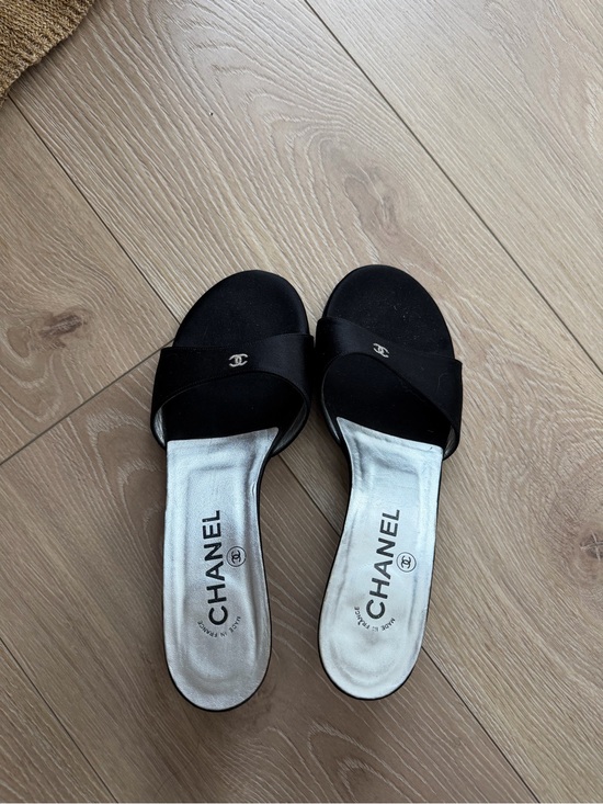 CHANEL Shoes - CHANEL Black Slide Sandals with Silver CC Logo